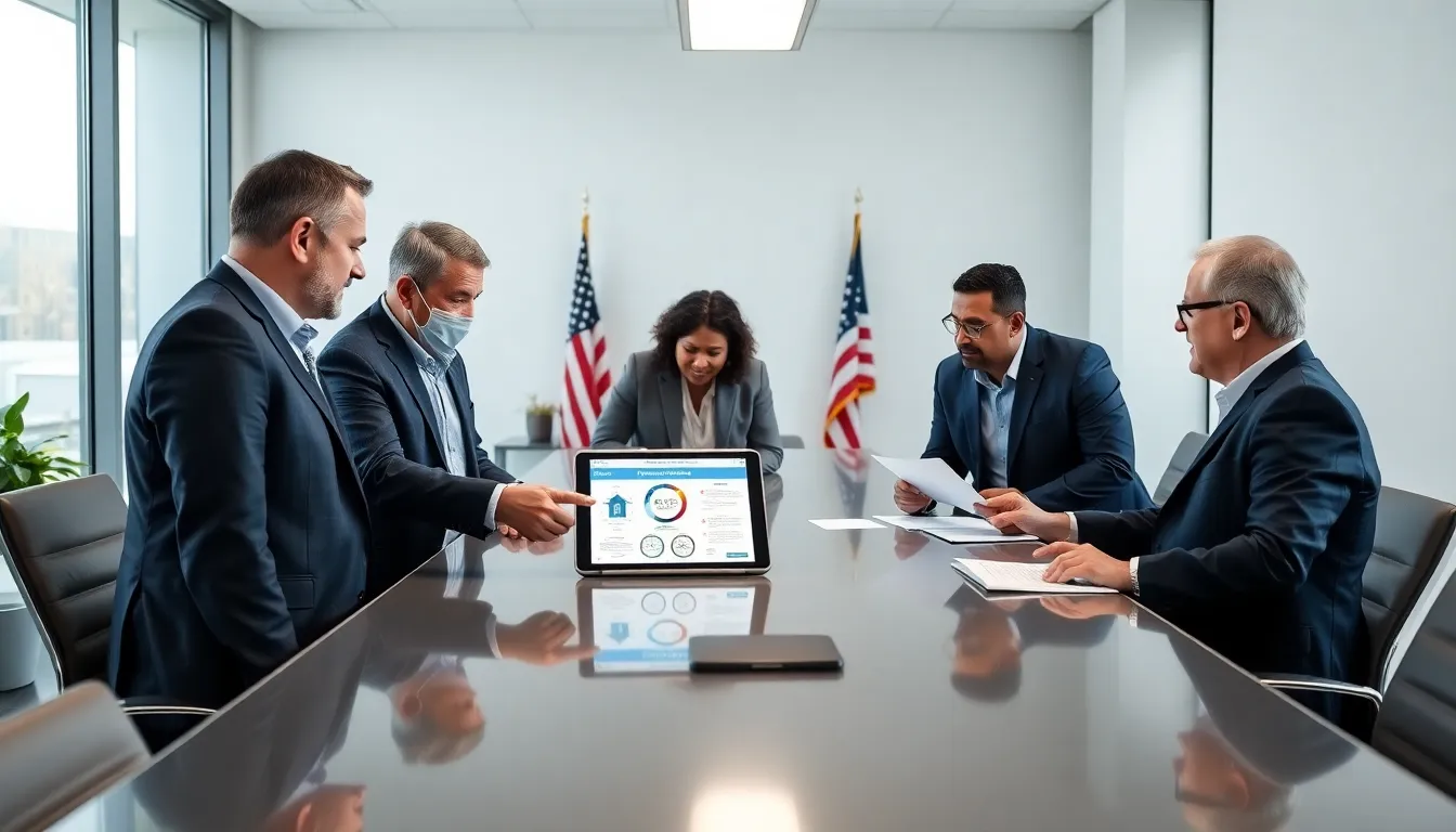 veterans discussing homeownership options in a modern office.