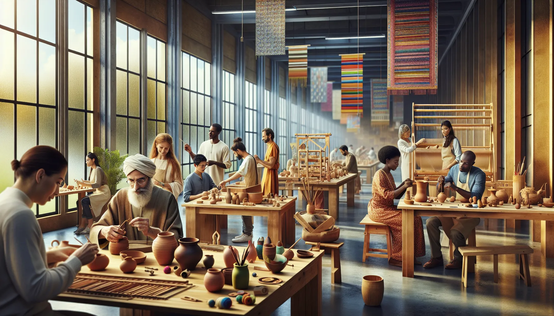 diverse group of people engaged in various crafting activities.