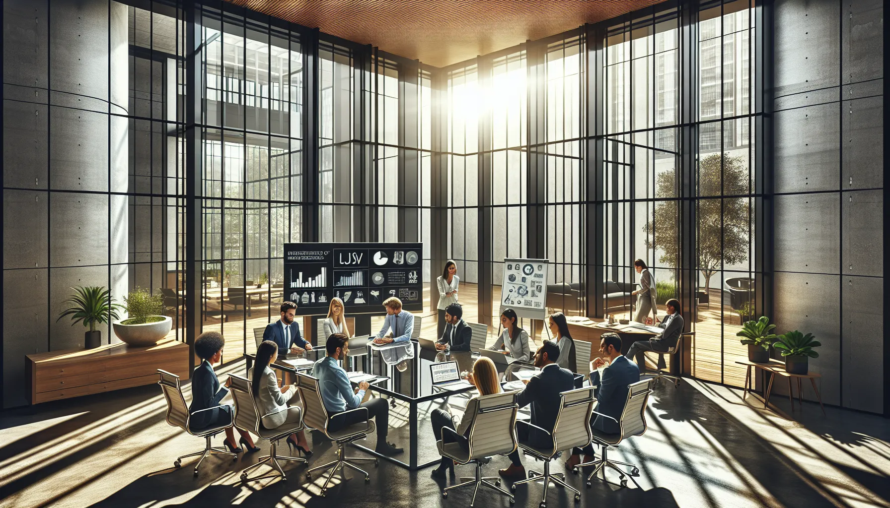 diverse team brainstorming in a modern office.