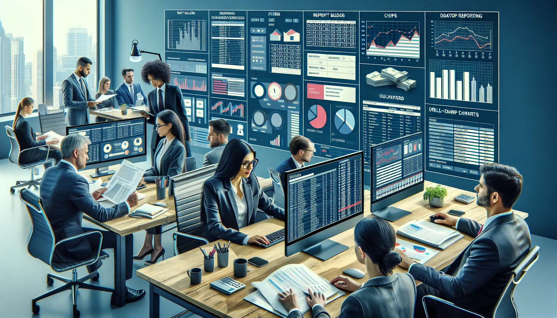 Professionals compare pixel-perfect paginated reports and interactive Power BI-style dashboards in an office.