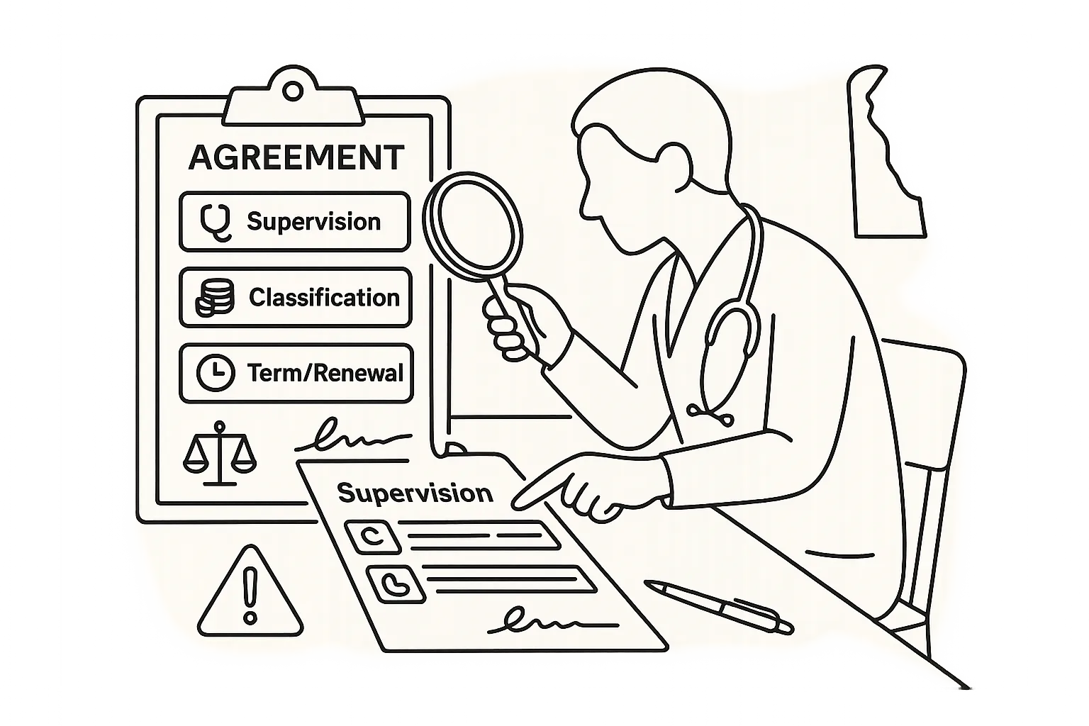 Physician assistant examining a contract with Delaware outline and legal icons of Delaware Physician Assistant Contract Review.