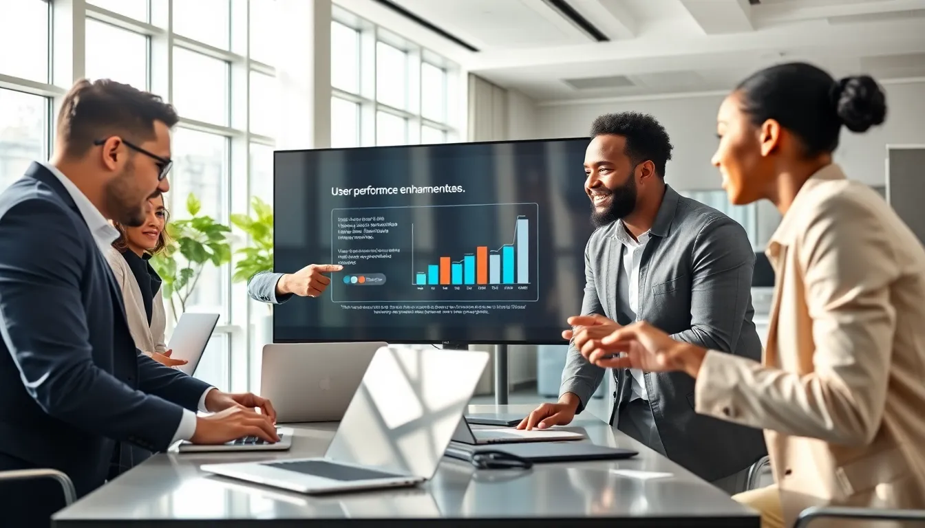 diverse team discussing software enhancements in a modern office.