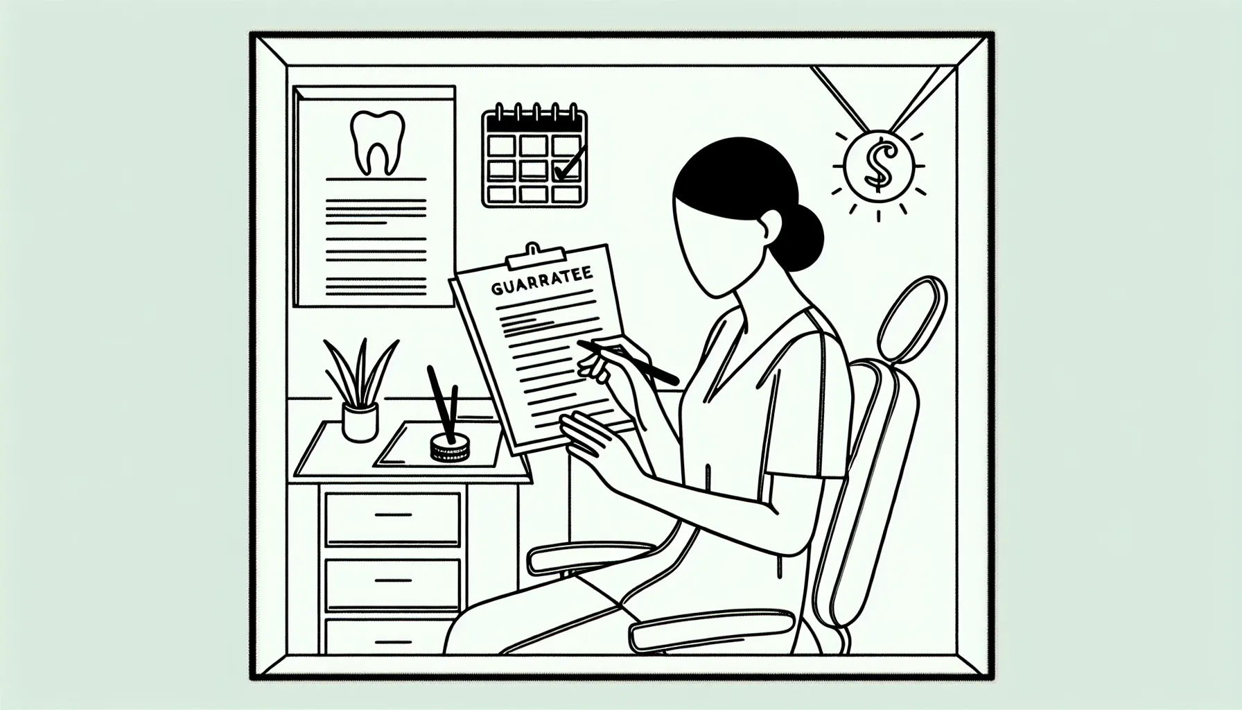 Dentist reviewing a contract labeled “Guarantee” with arrows to reconciliation and clawback icons.