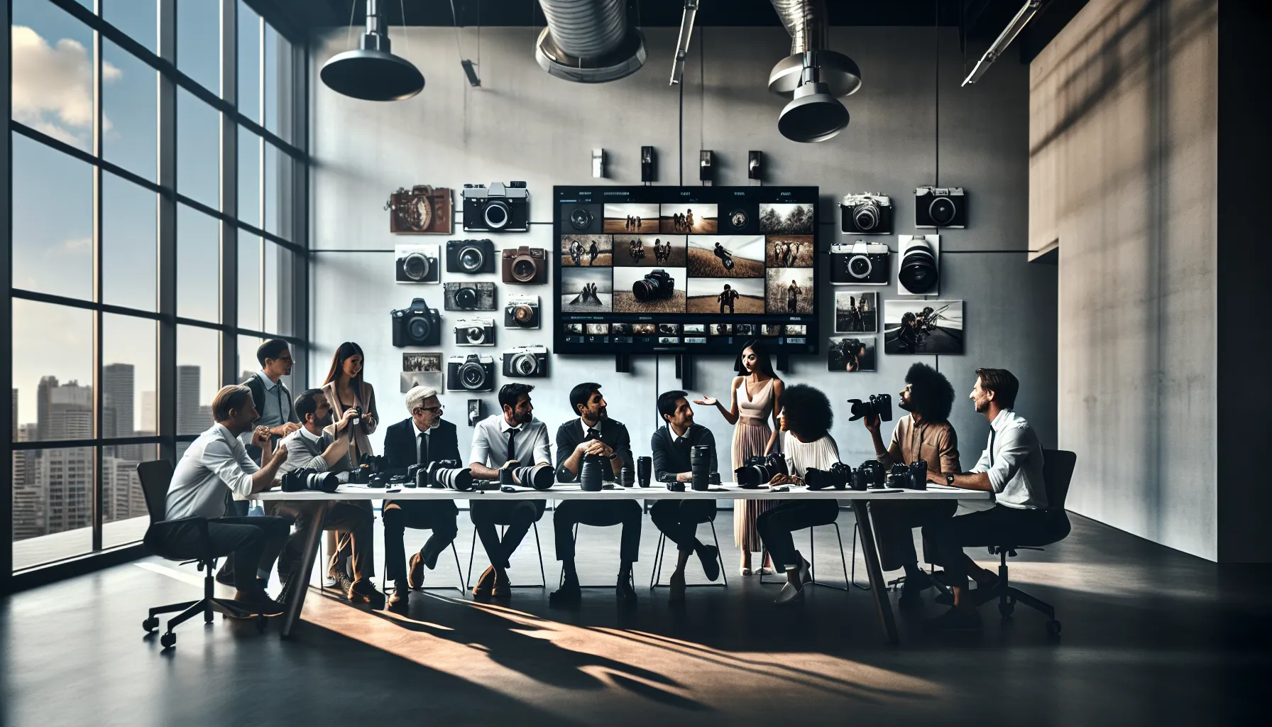 diverse photographers discussing storytelling through images in a modern studio.