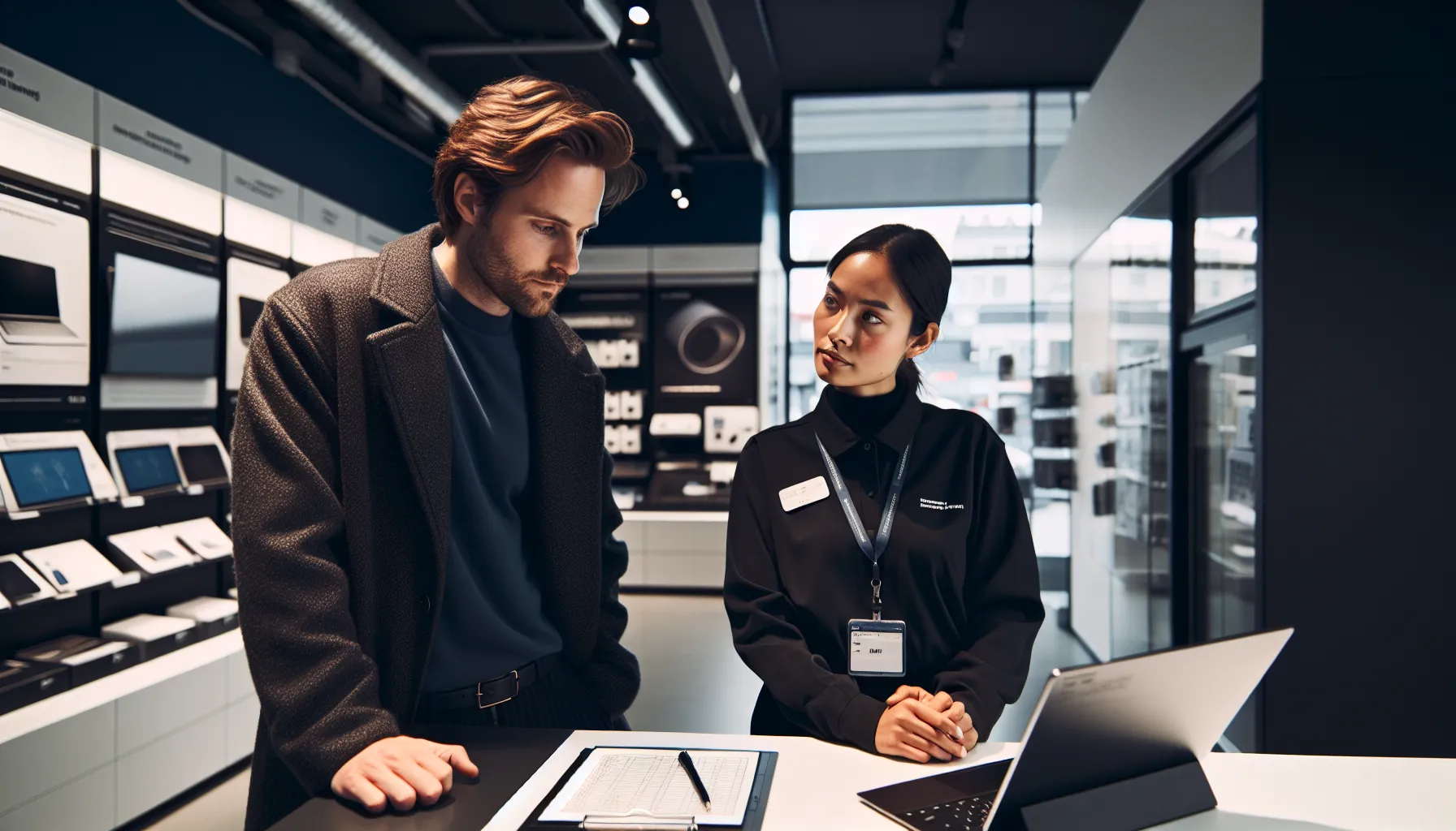 Customer and salesperson calmly negotiating laptop price in a modern norwegian electronics store.