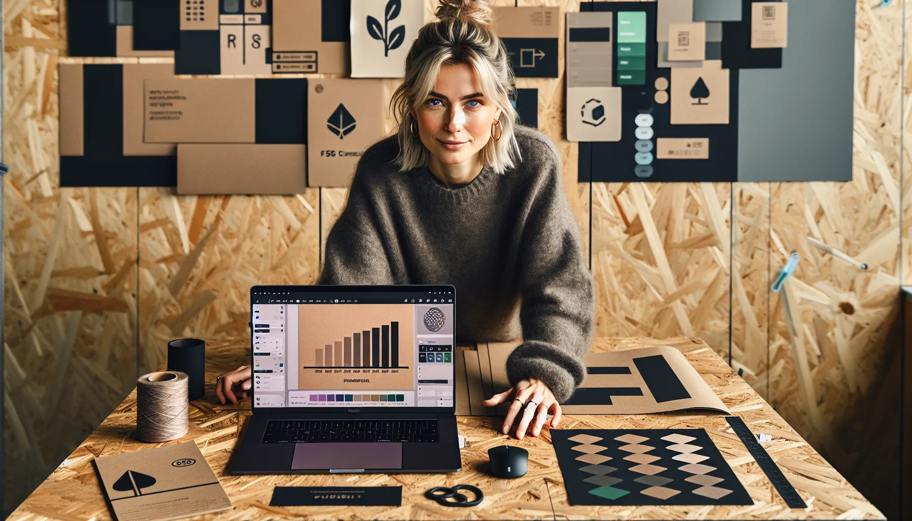 Norwegian designer refines eco packaging with impact dashboard in a bright studio.