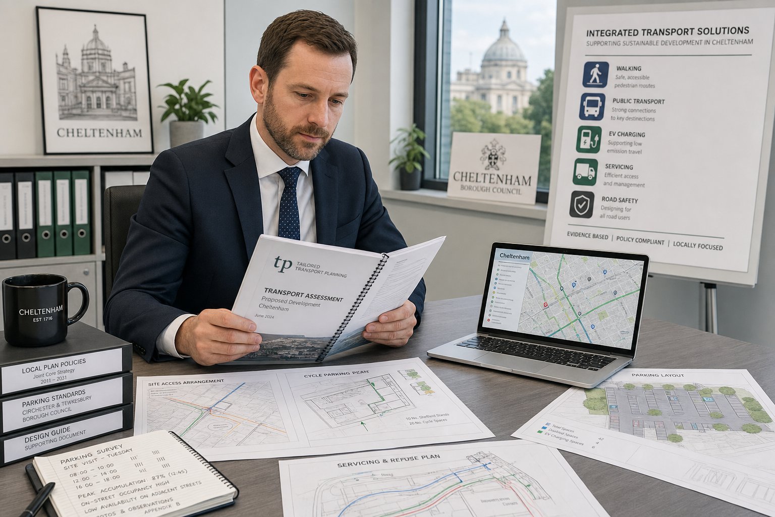 Traffic engineer reviewing Cheltenham transport planning evidence in a modern office.