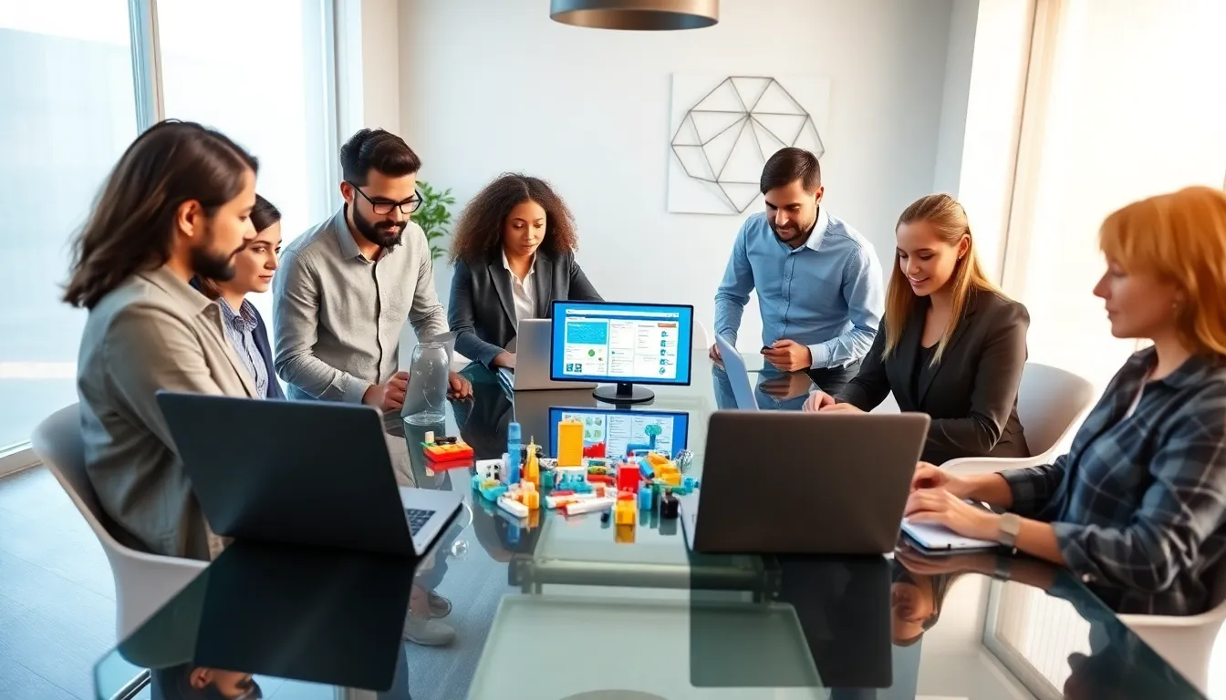 professionals collaborating on low-code/no-code platform in a modern office.