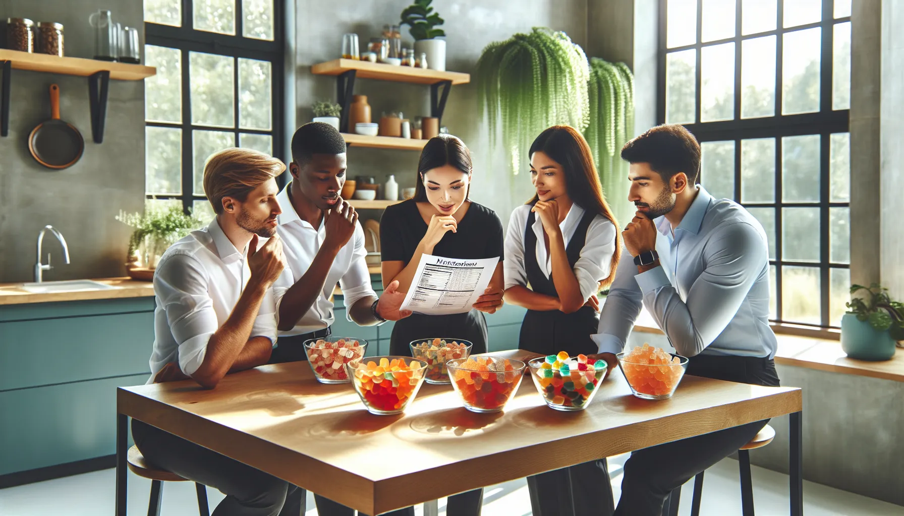 professionals discussing Haribo gummy bears in a modern kitchen setting.