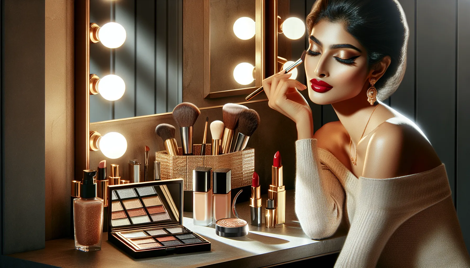 makeup products and model showcasing holiday beauty trends.