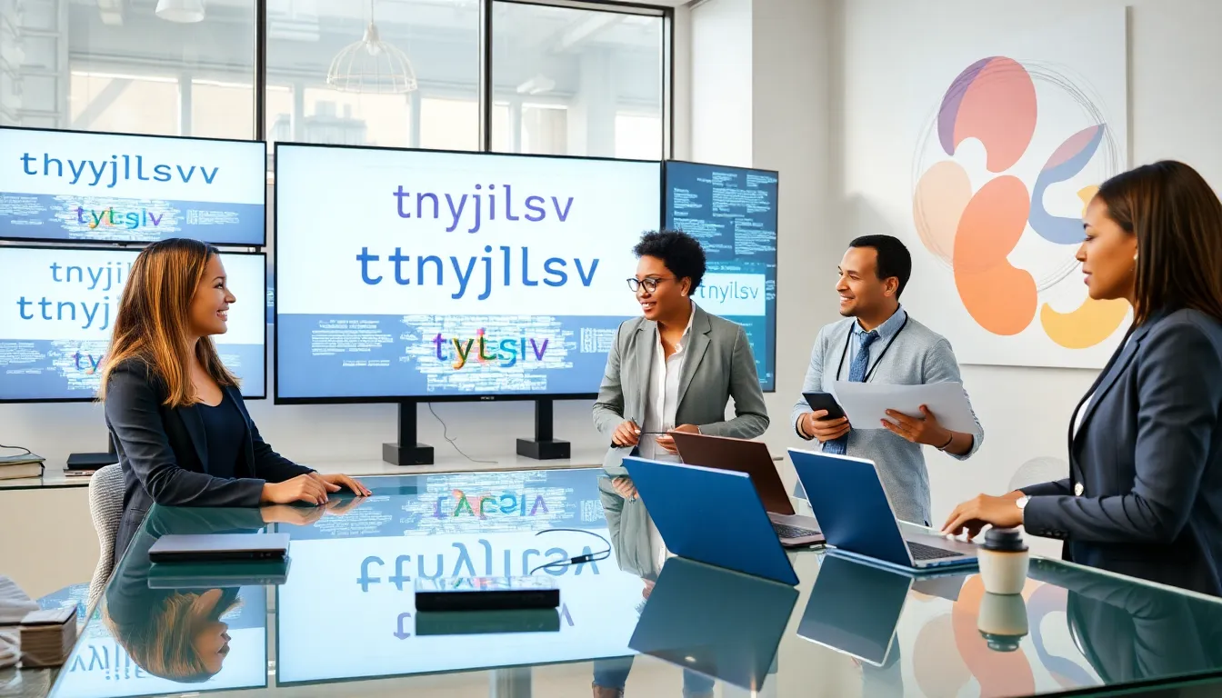 diverse professionals discussing digital language trends in a modern office.