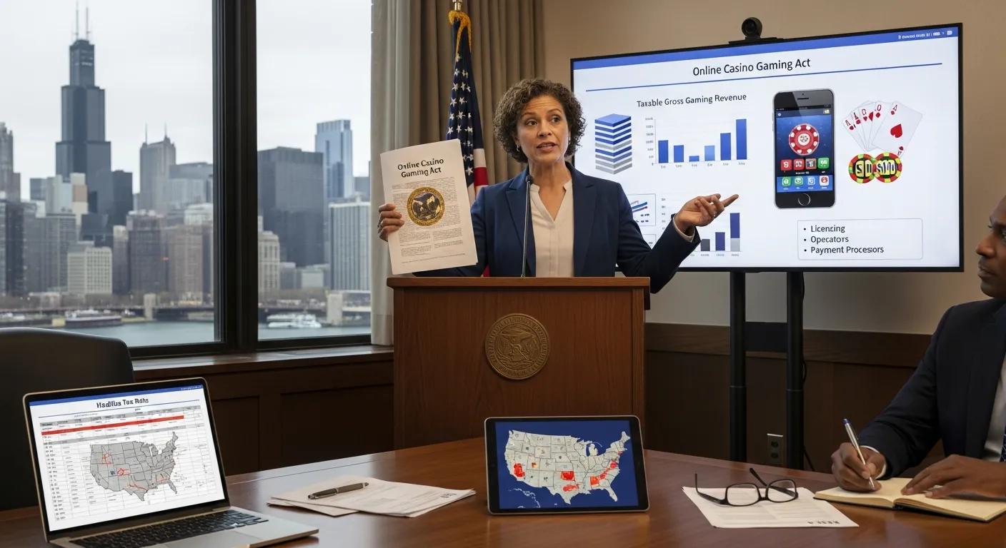 Legislator holds online casino bill with revenue charts and Chicago skyline visible.