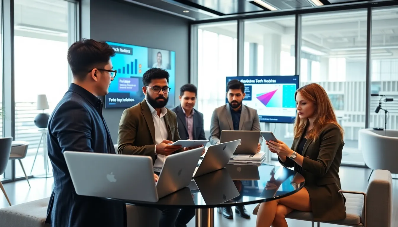 diverse journalists collaborating on tech news in a modern newsroom.