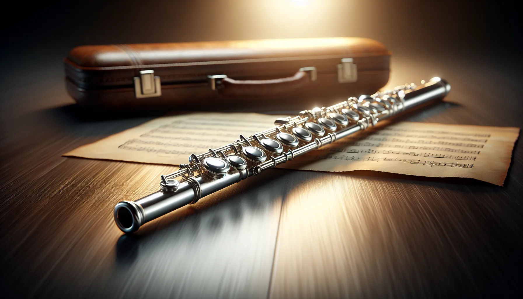 A silver transverse flute resting on a wooden surface with musical notes nearby.