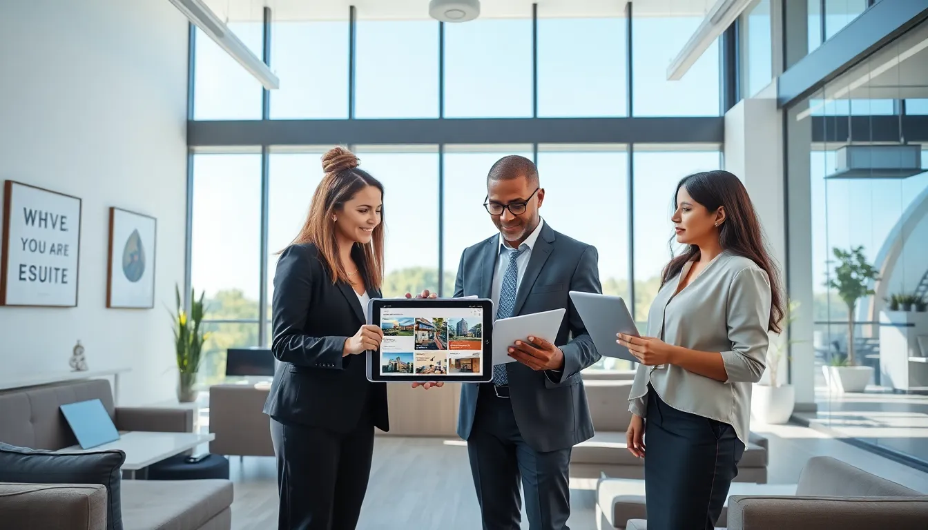 a diverse real estate team collaborating with modern technology in a bright office