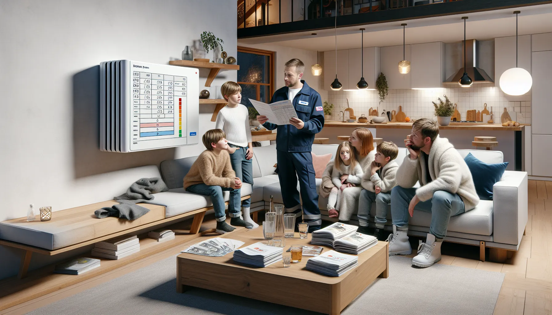 Norwegian installer advising a large family on the right heat pump in their home.
