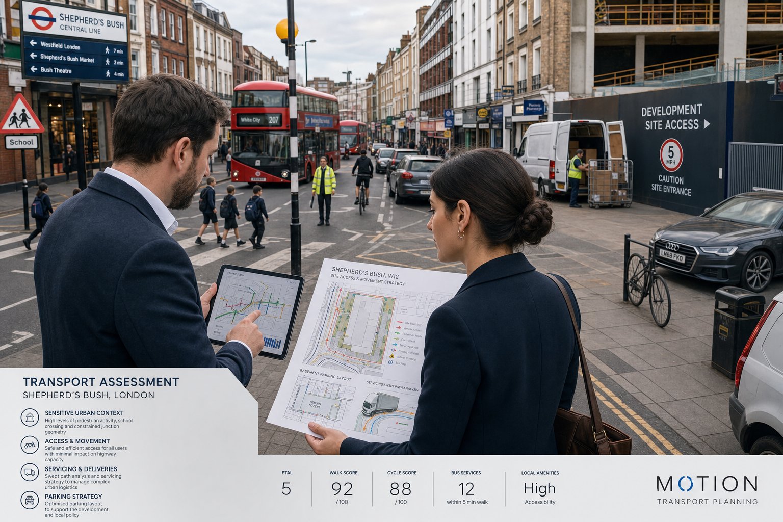 Traffic engineer reviewing a Shepherd’s Bush development site with transport planning details.