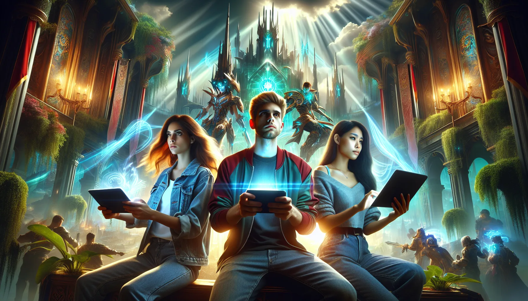 diverse gamers playing CaladriusAPK20192 in a vibrant fantasy landscape.