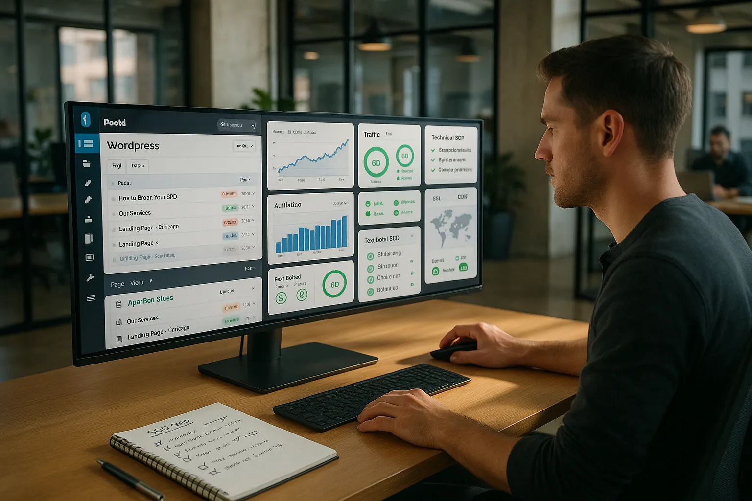 Marketer reviews WordPress dashboard and analytics for a content‑heavy local SEO site.