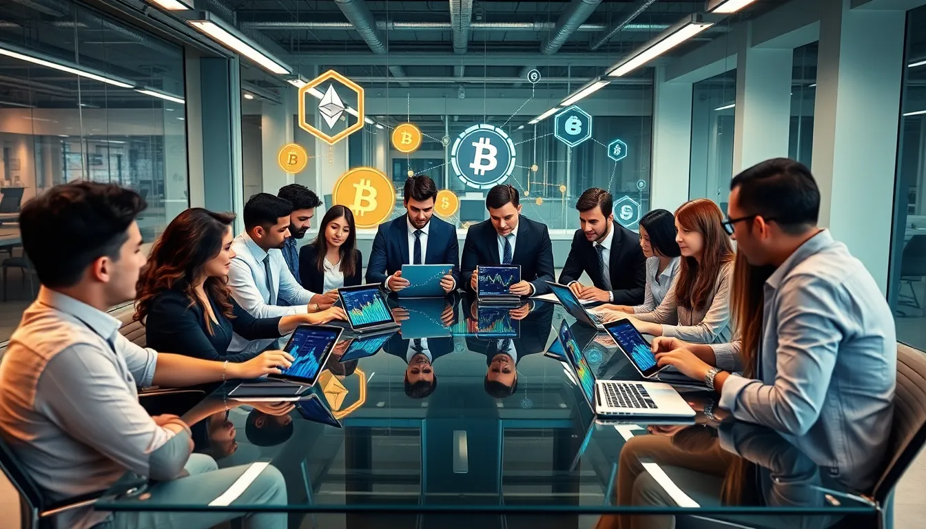 diverse team discussing cryptocoins in a modern office setting.