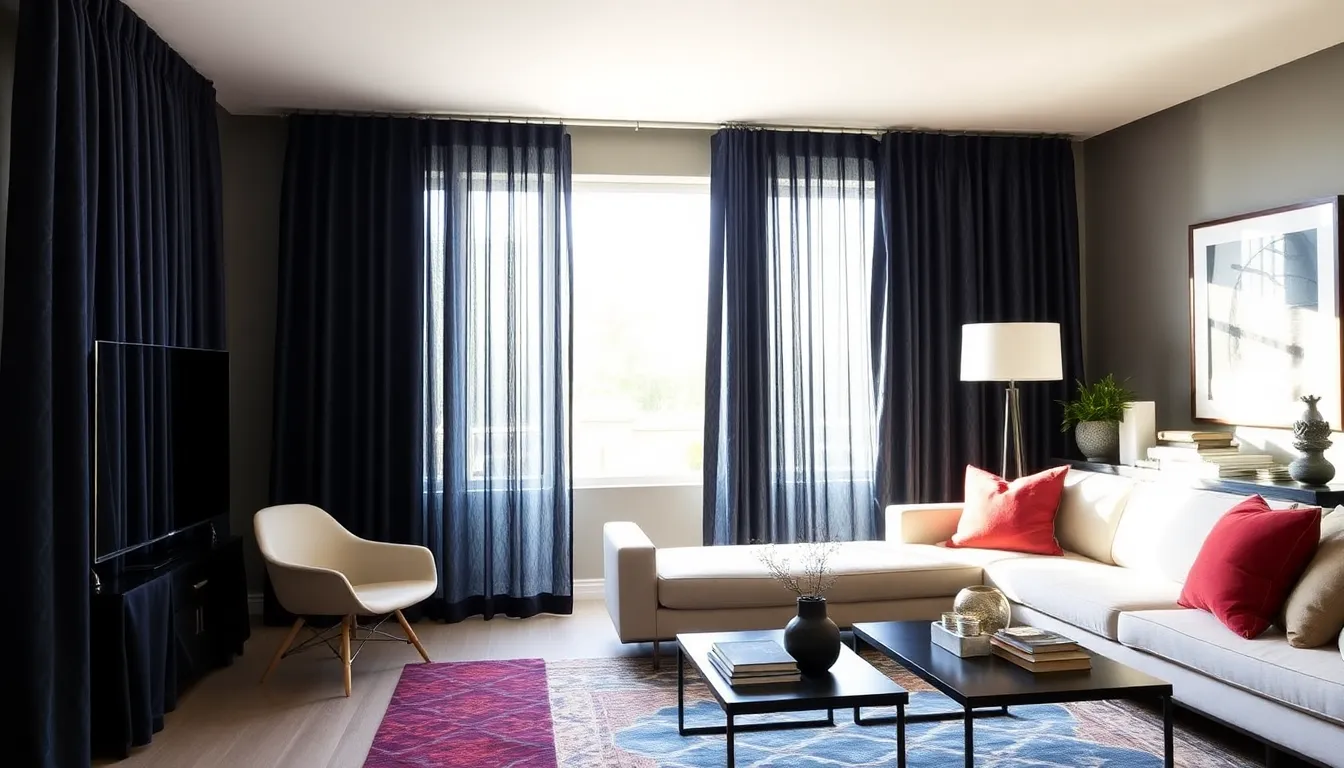 modern living room with elegant Dusk By Design curtains.