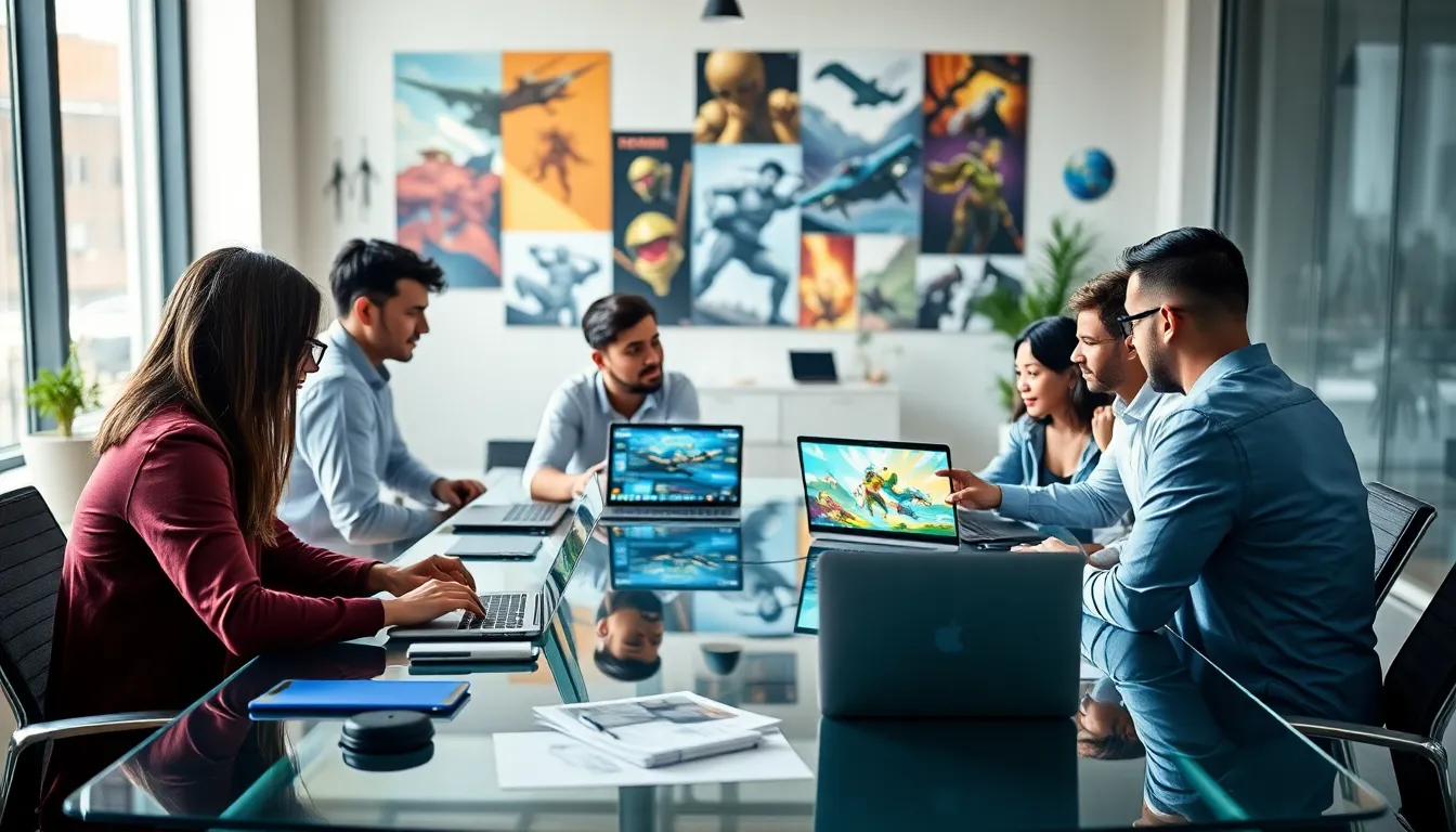 diverse team of game developers collaborating in a modern office