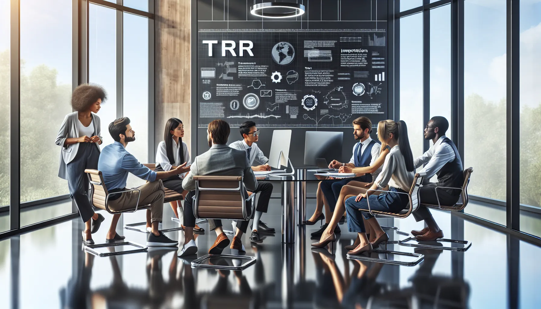 diverse professionals discussing the meanings of TTR in a modern office.