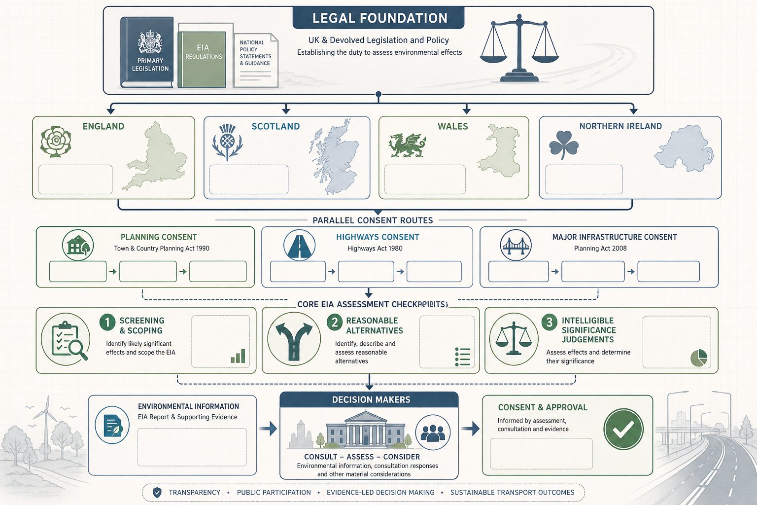 UK transport EIA legal framework showing routes, review stages, and decision points.