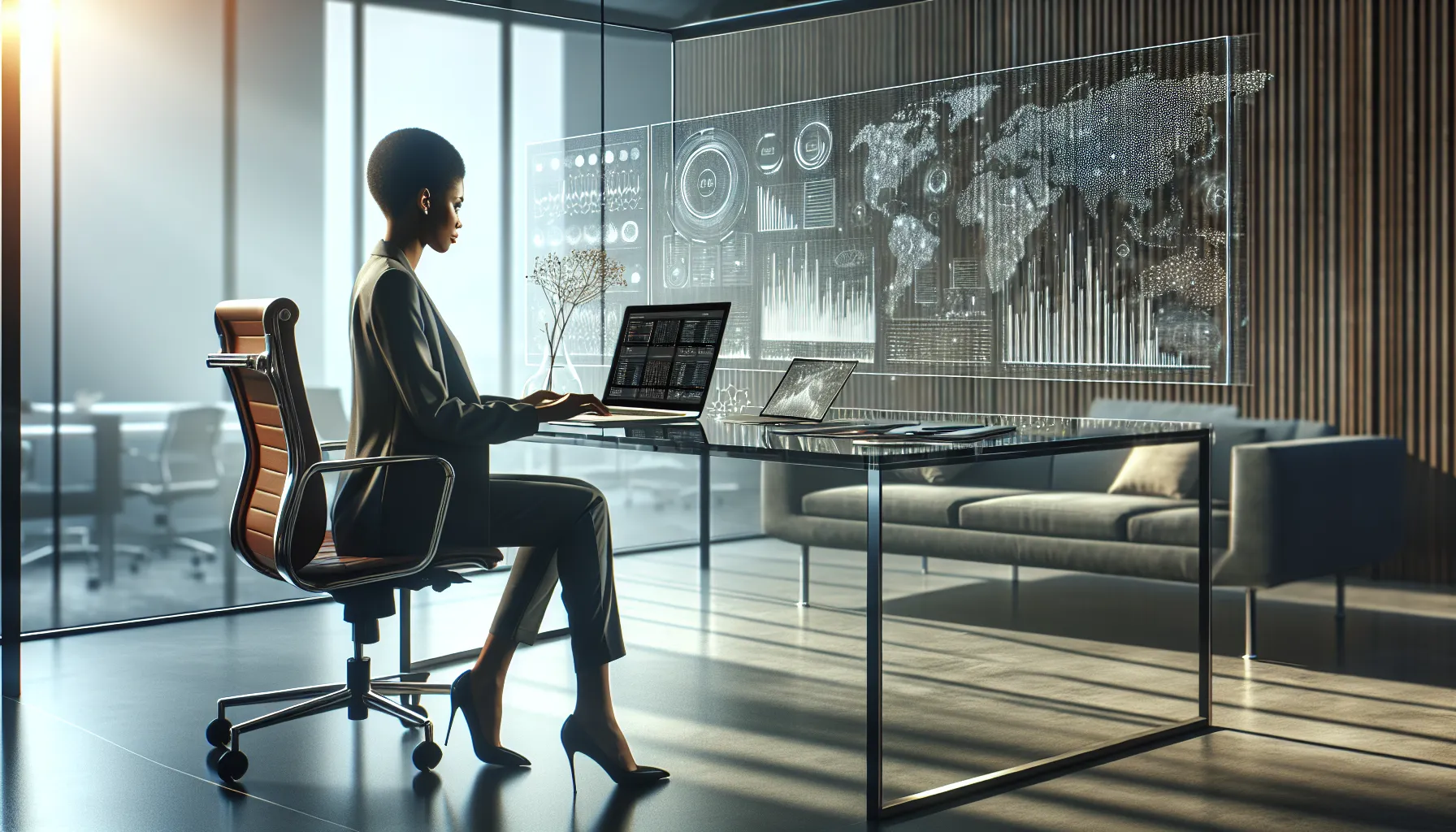 business analyst researching information in a modern office.