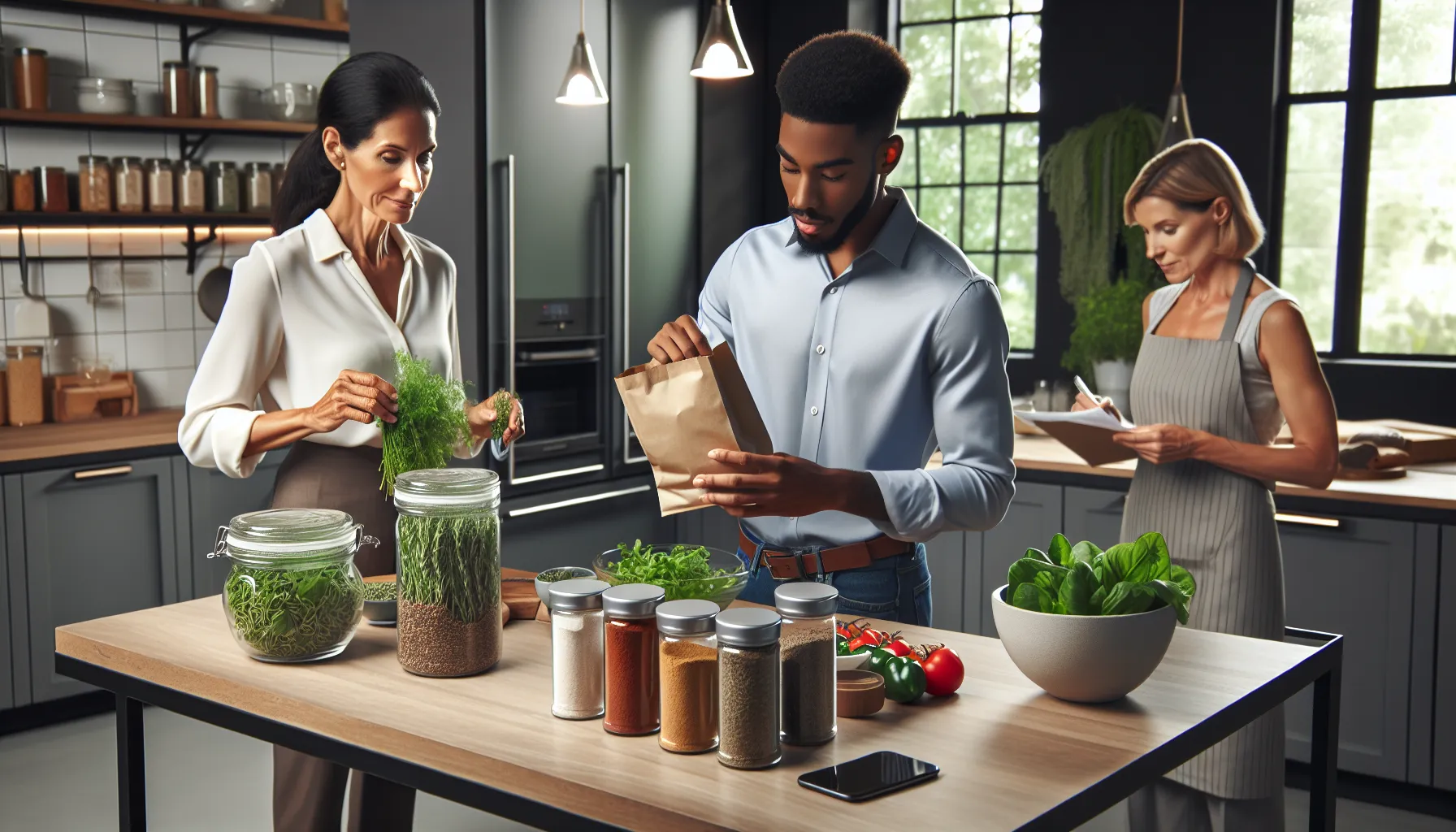 group selecting fresh ingredients in a modern kitchen.