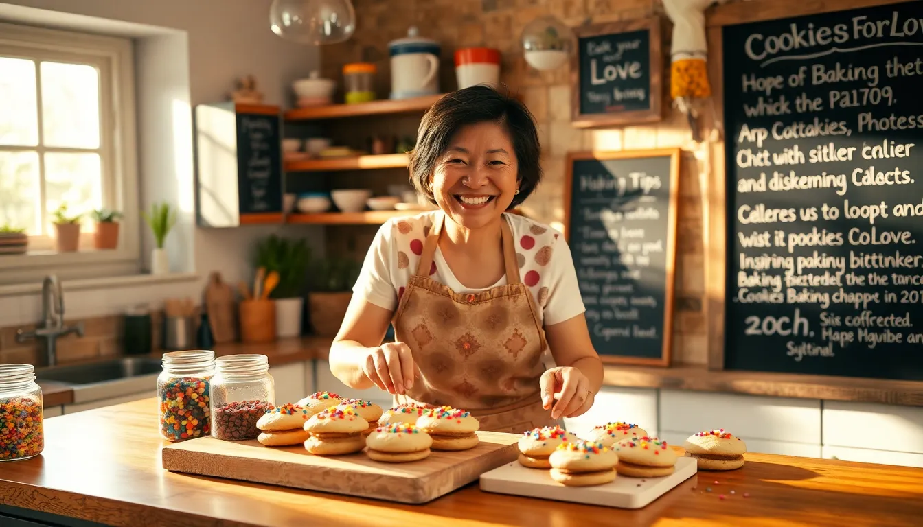 A woman decorating cookies in a warm, sunlit kitchen.
