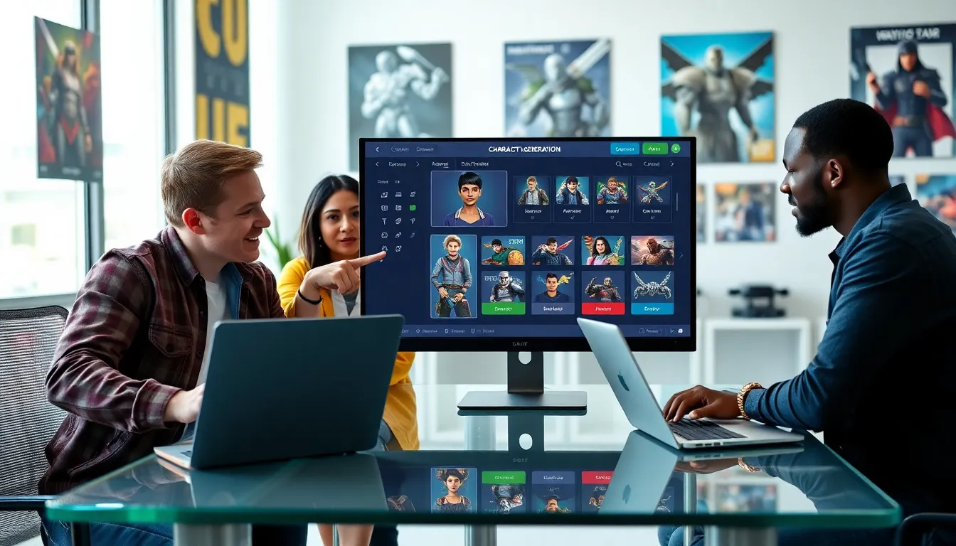 diverse gamers discussing character design on a computer screen.