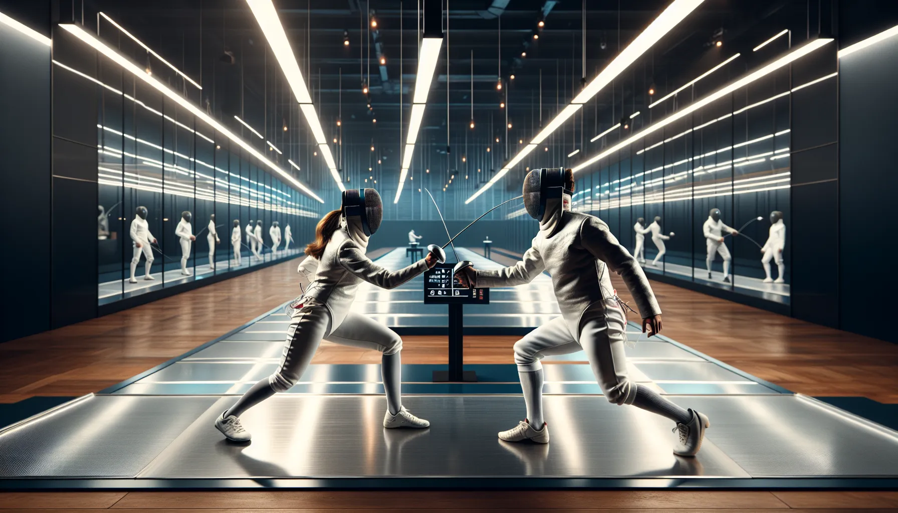 Two athletes fencing in a modern sports hall.