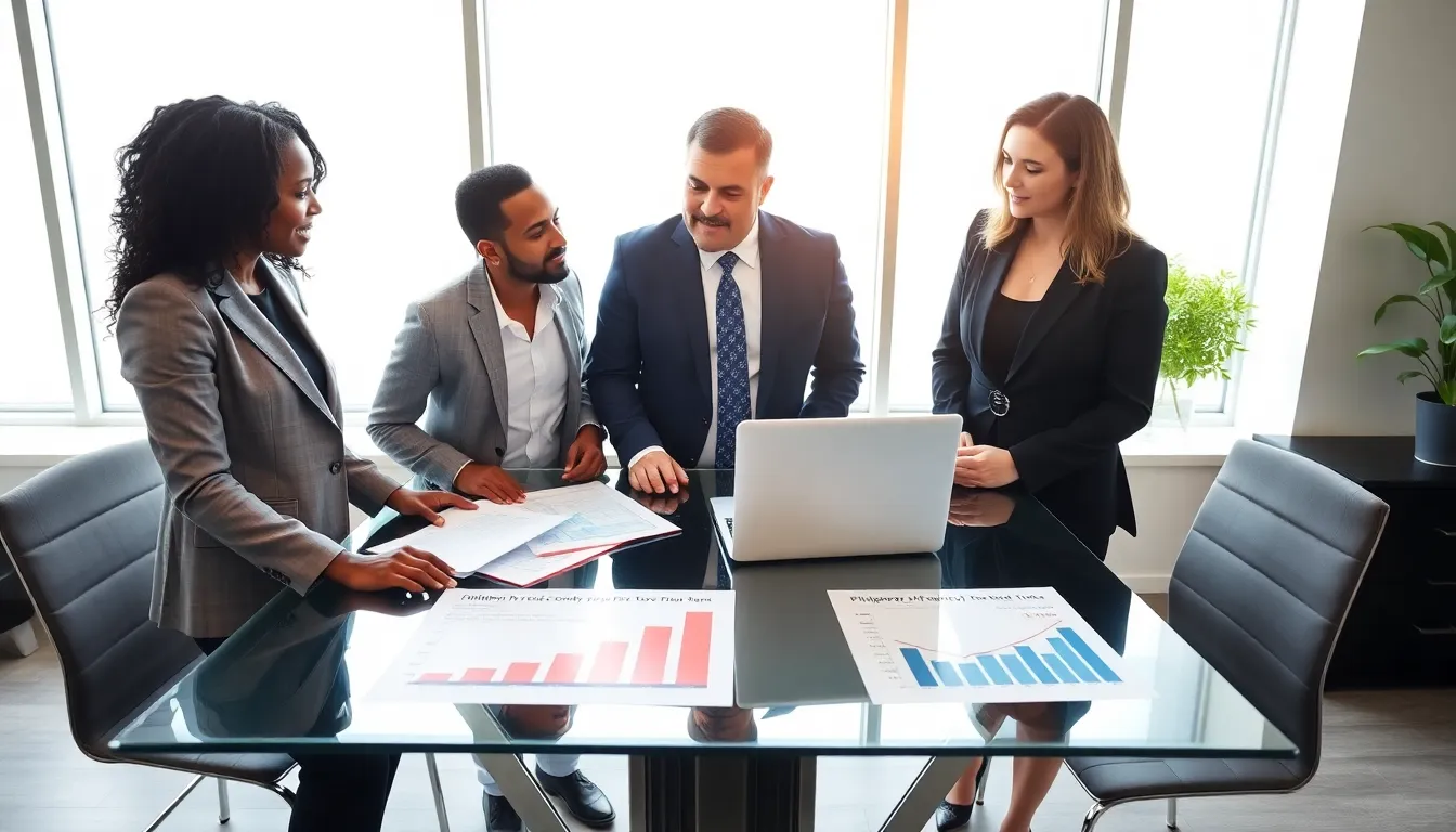 real estate professionals discussing property taxes in a modern office setting.