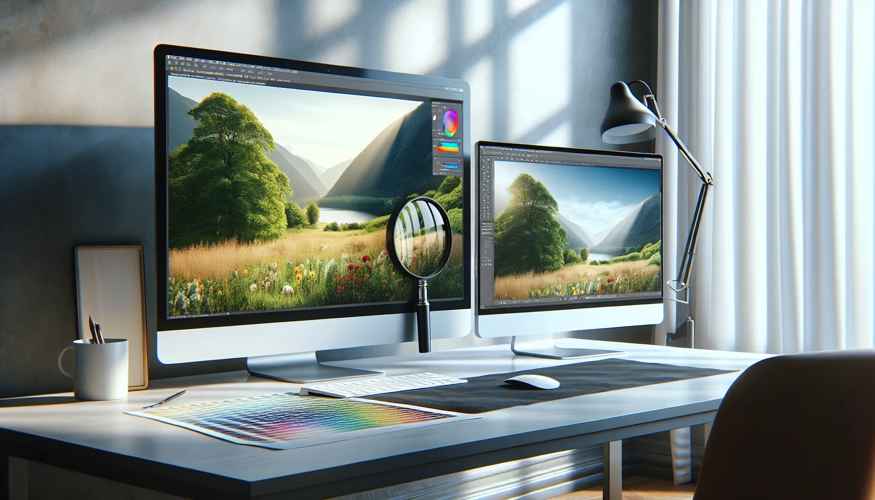 A desk with two monitors comparing JPEG and PNG image formats.