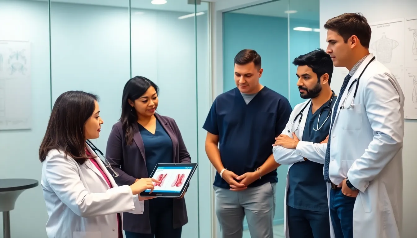 medical professionals discussing strep throat in a modern office.