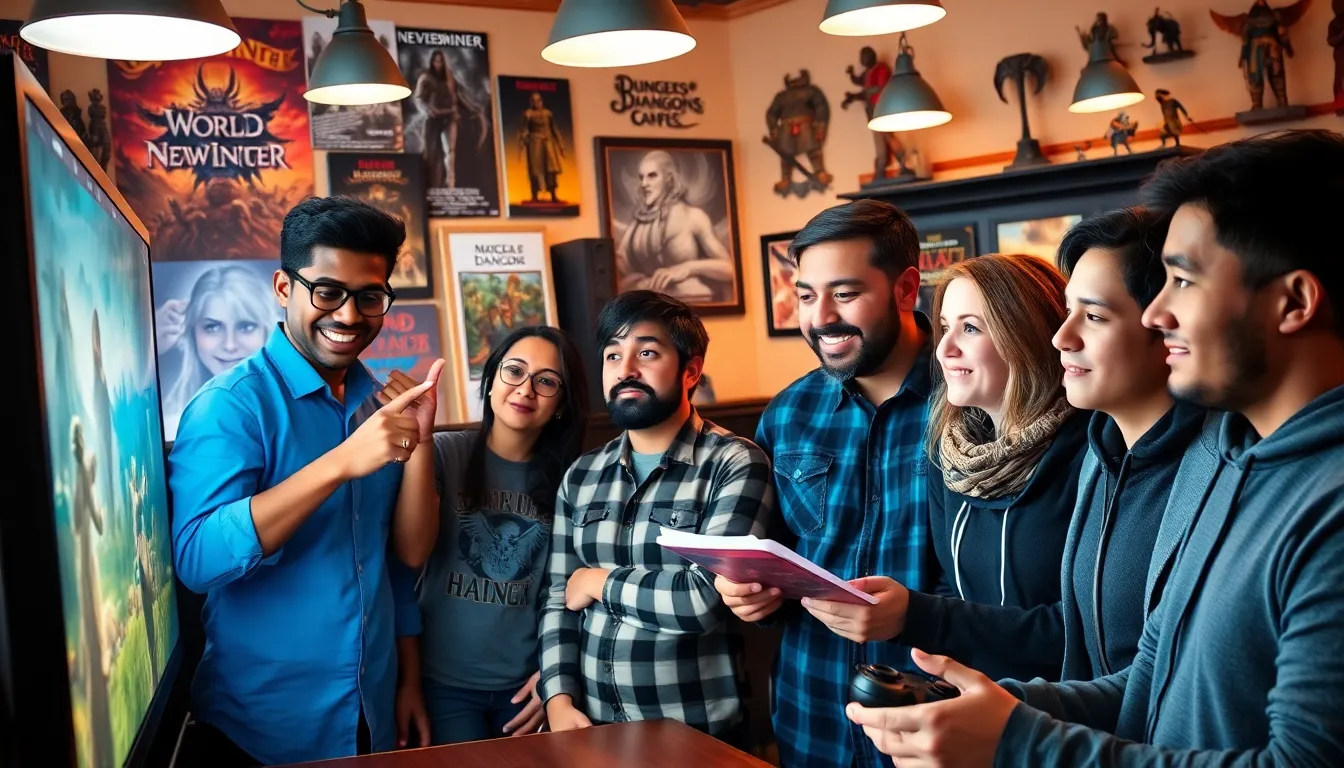 a diverse group of gamers engaged in a Neverwinter strategy session at a café.