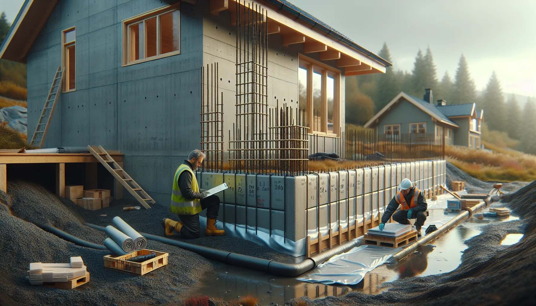 De viktigste kravene for å sikre en trygg og funksjonell grunnmur 2 Engineer checks norwegian concrete foundation with insulation, radon barrier, and drainage details.