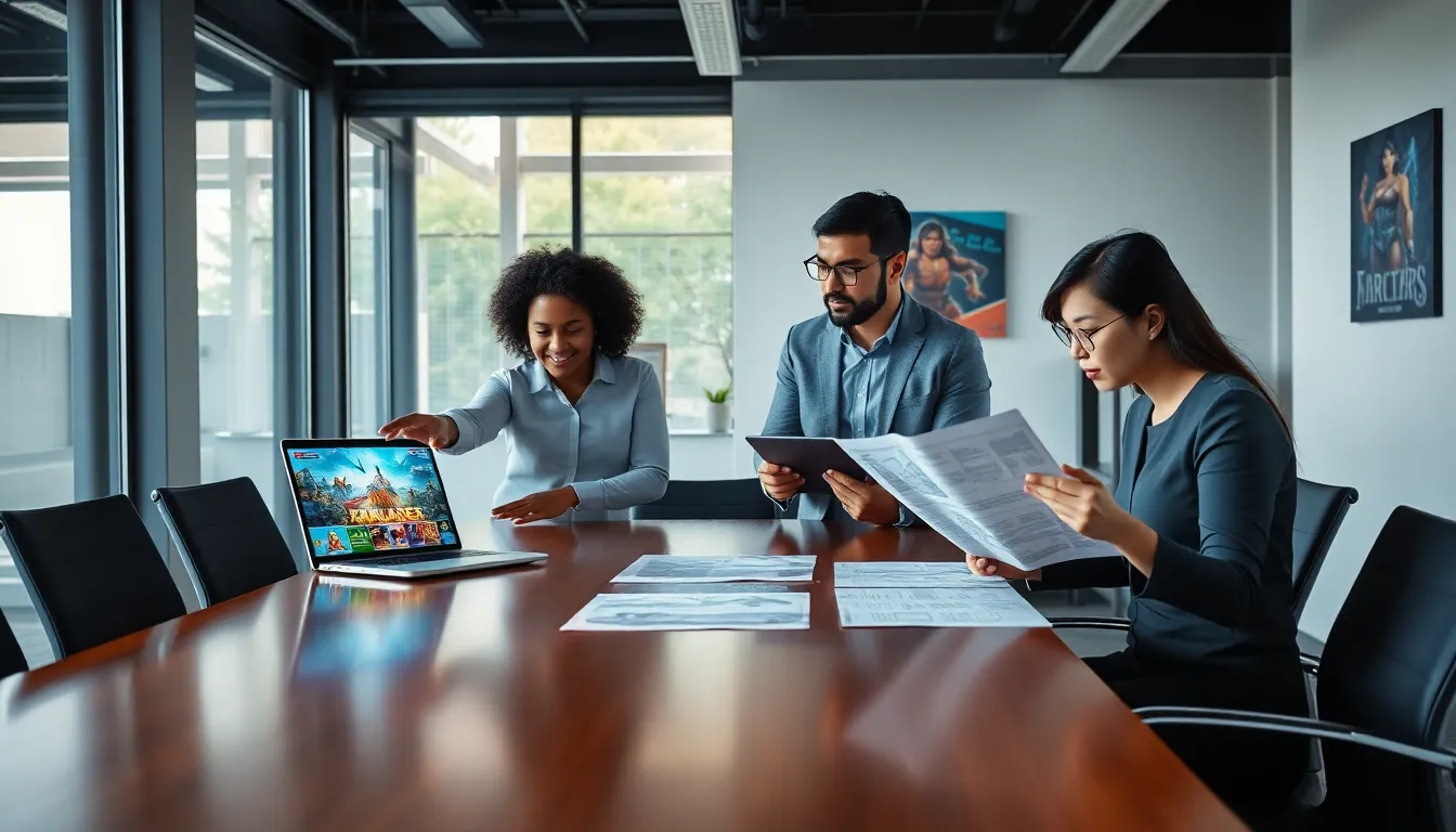 diverse team collaborating on strategy games in a modern office.