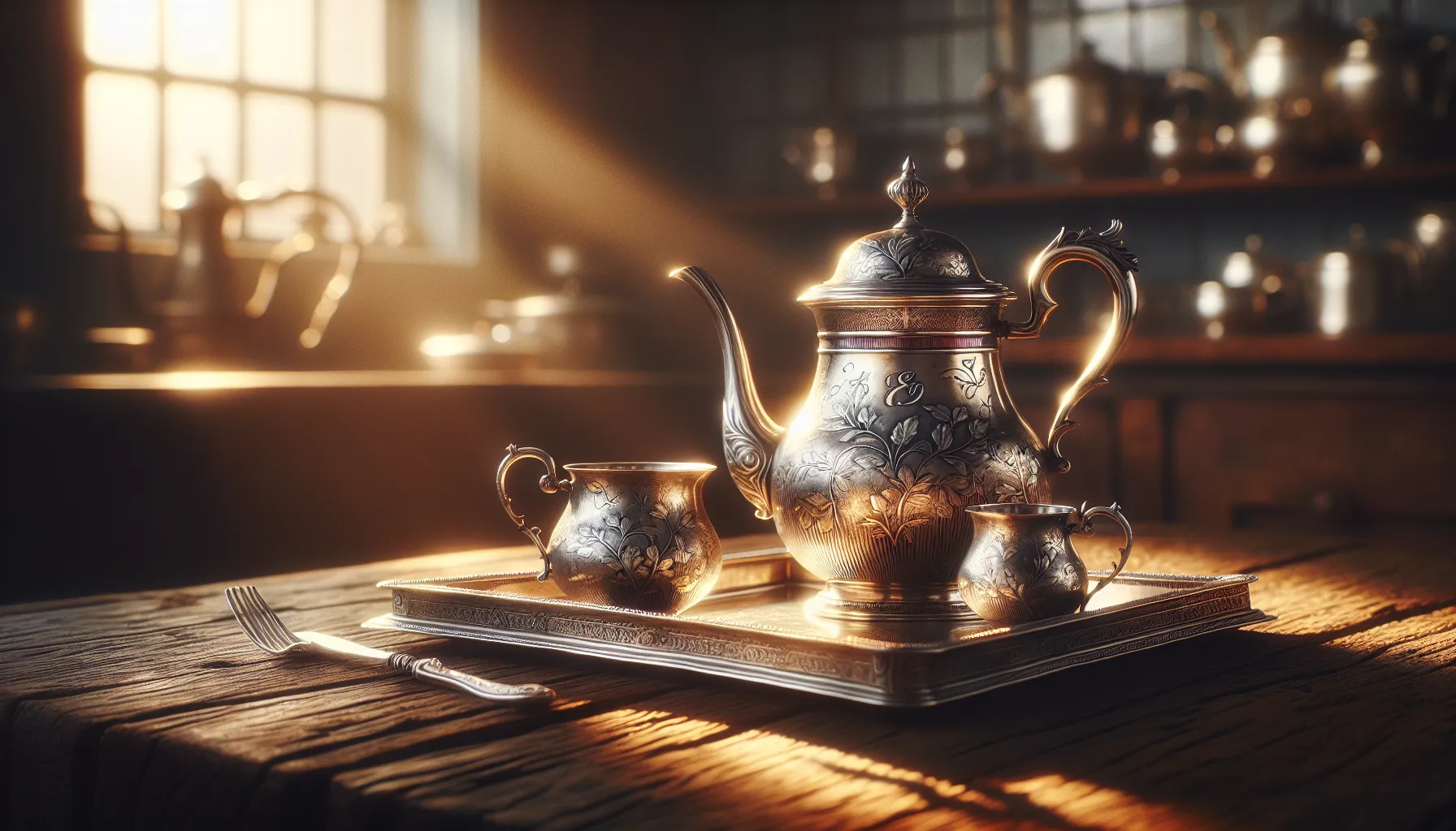 a close-up of sterling silver tea set next to a tarnished silver-plated tray.