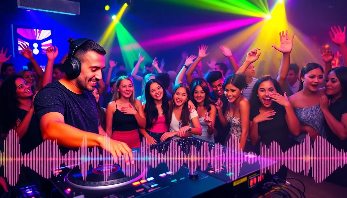 Diverse crowd dancing in a vibrant nightclub with a DJ.