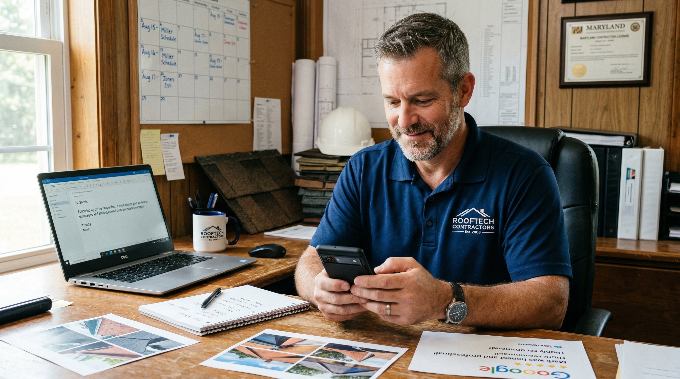 Contractor calmly sending a follow-up message from his office desk.