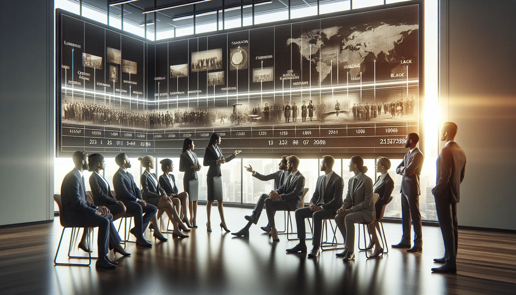 professionals discussing historical significance in a modern office.