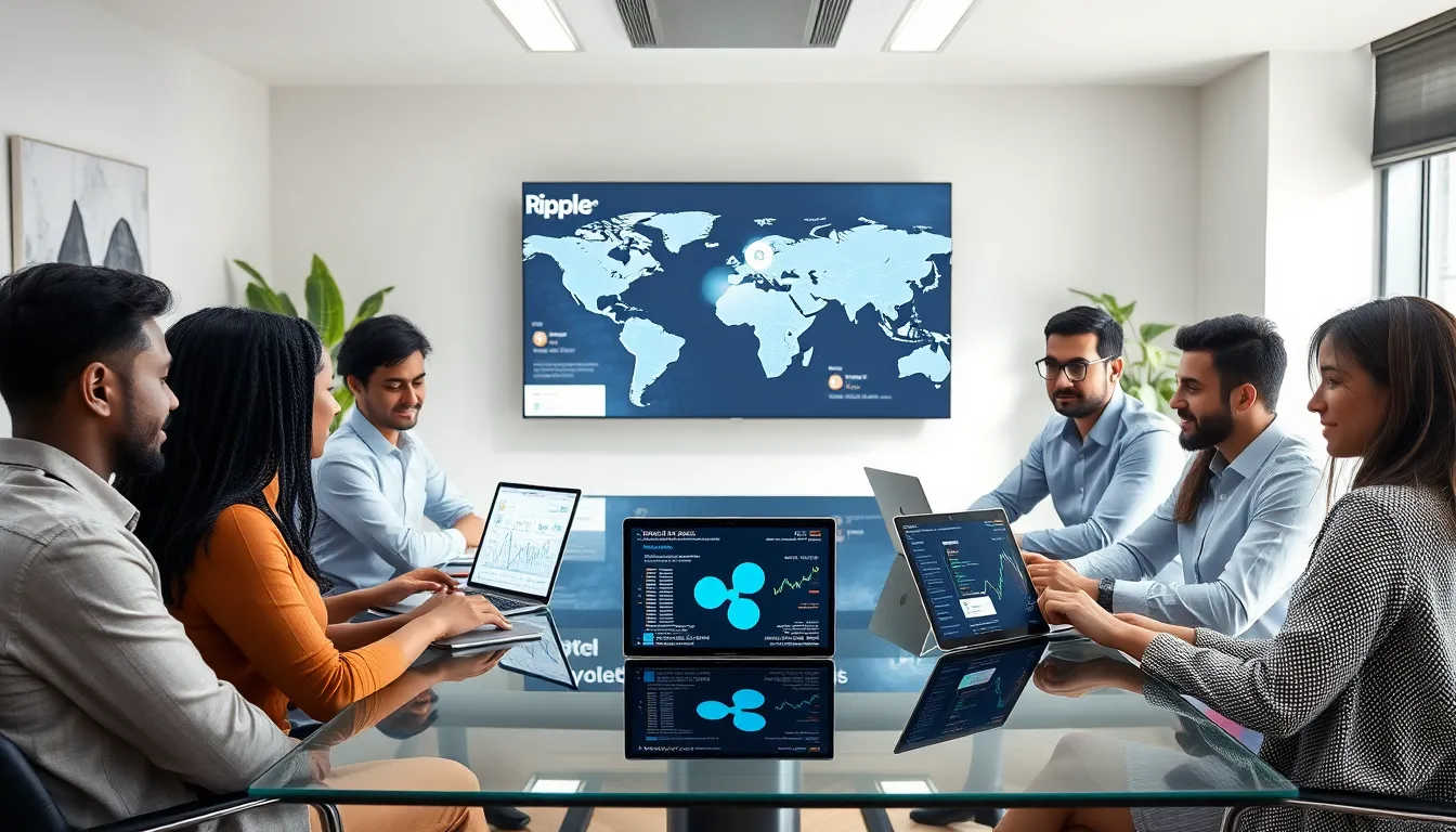 diverse team discussing cryptocurrency and Ripple in a modern office.