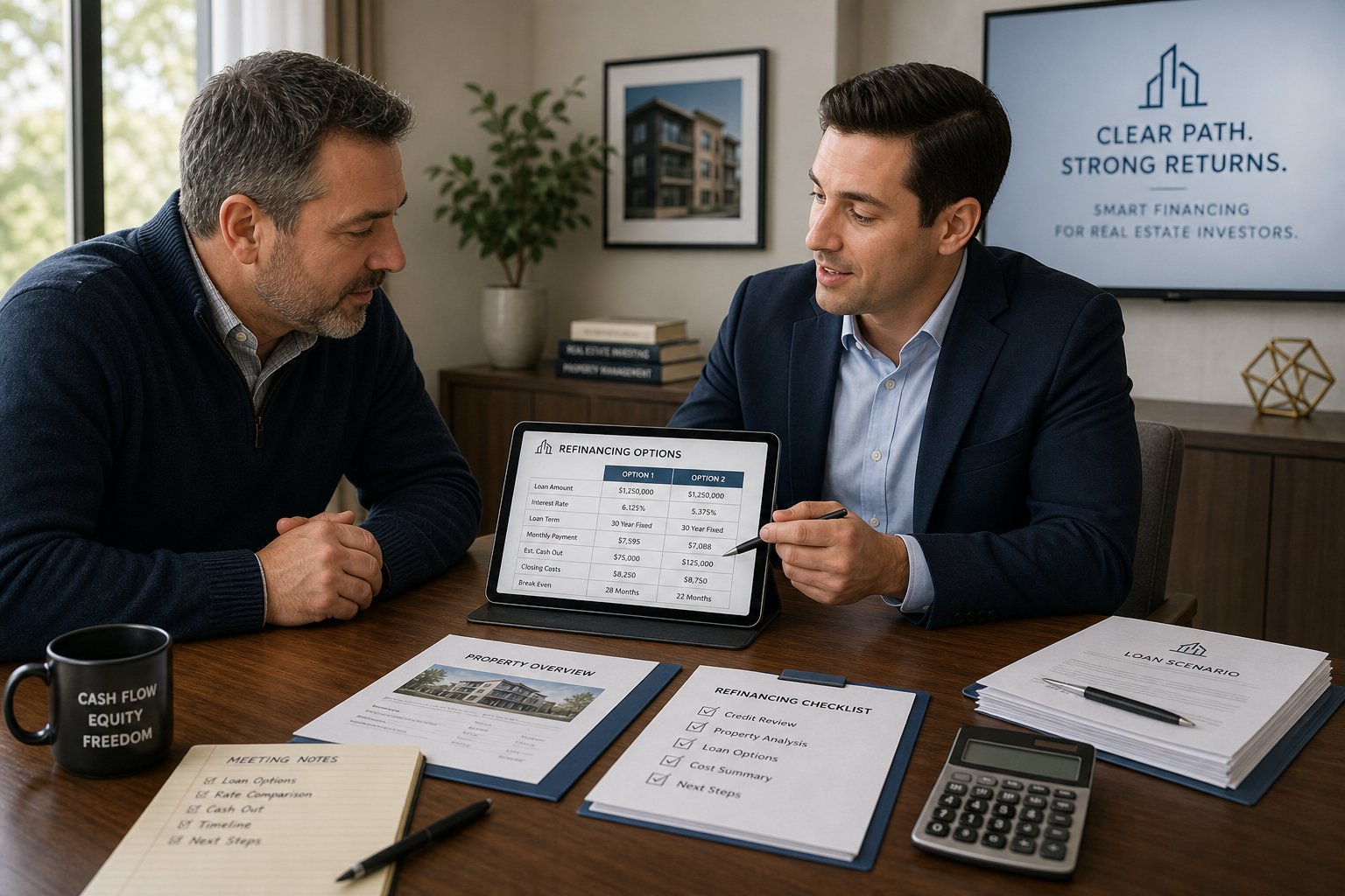 Landlord and broker comparing commercial refinancing options at a meeting table.