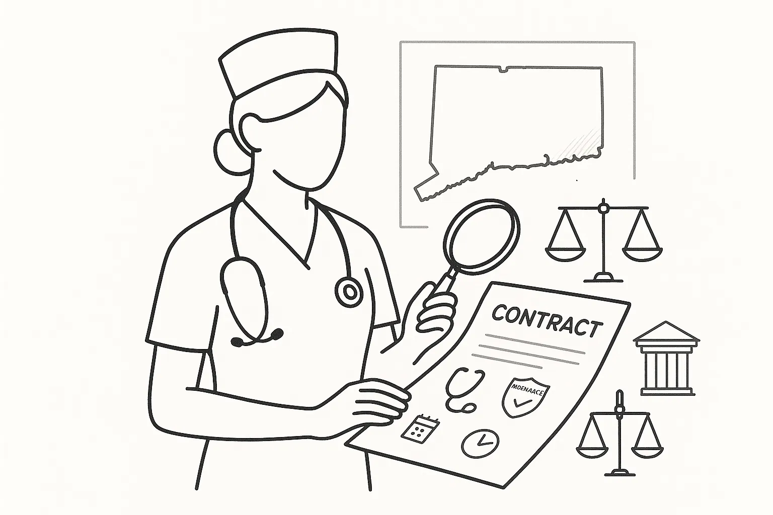Nurse practitioner examining a contract with Connecticut map and legal icons.