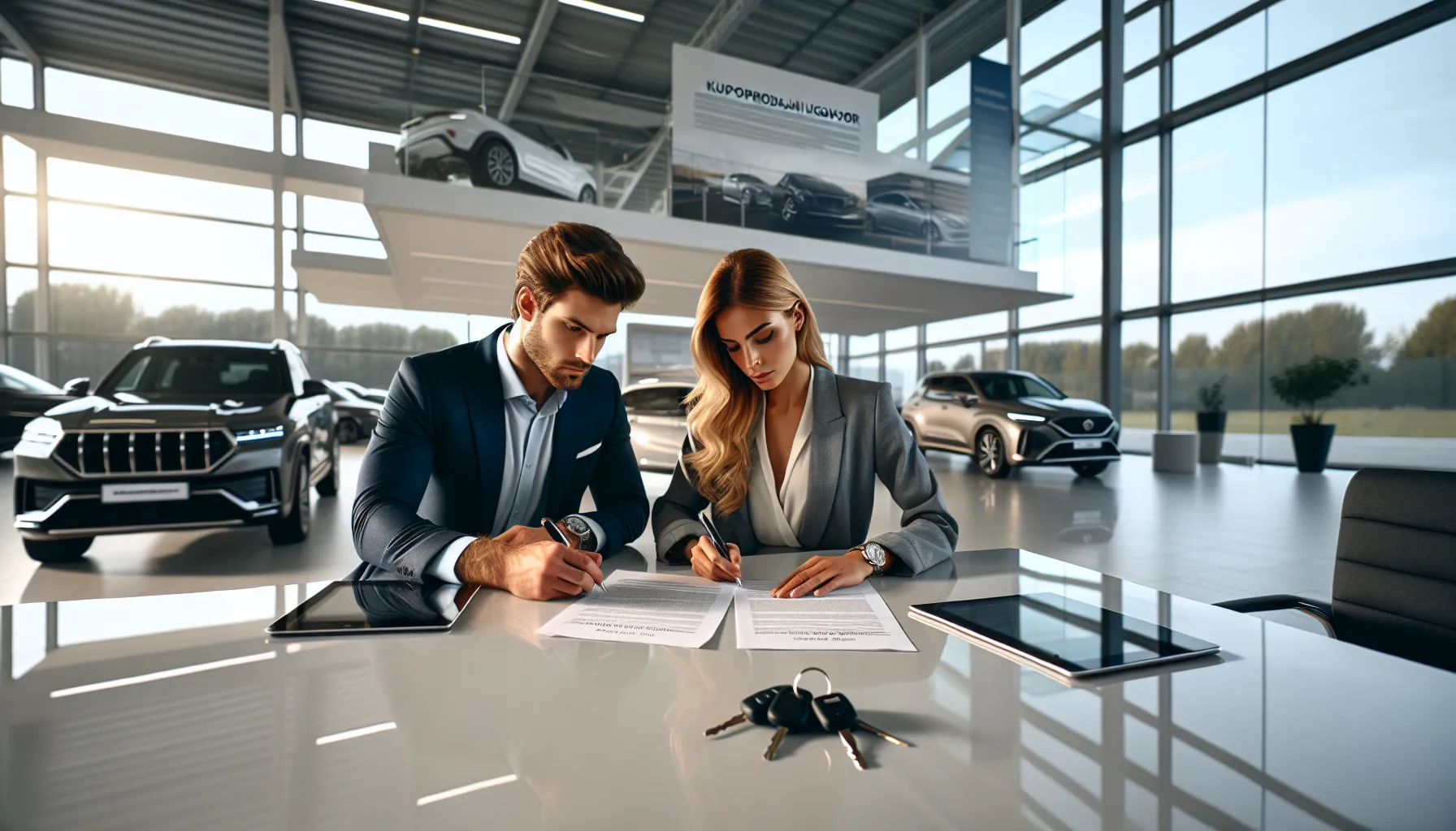 Two professionals reviewing vehicle purchase agreement documents at modern office desk