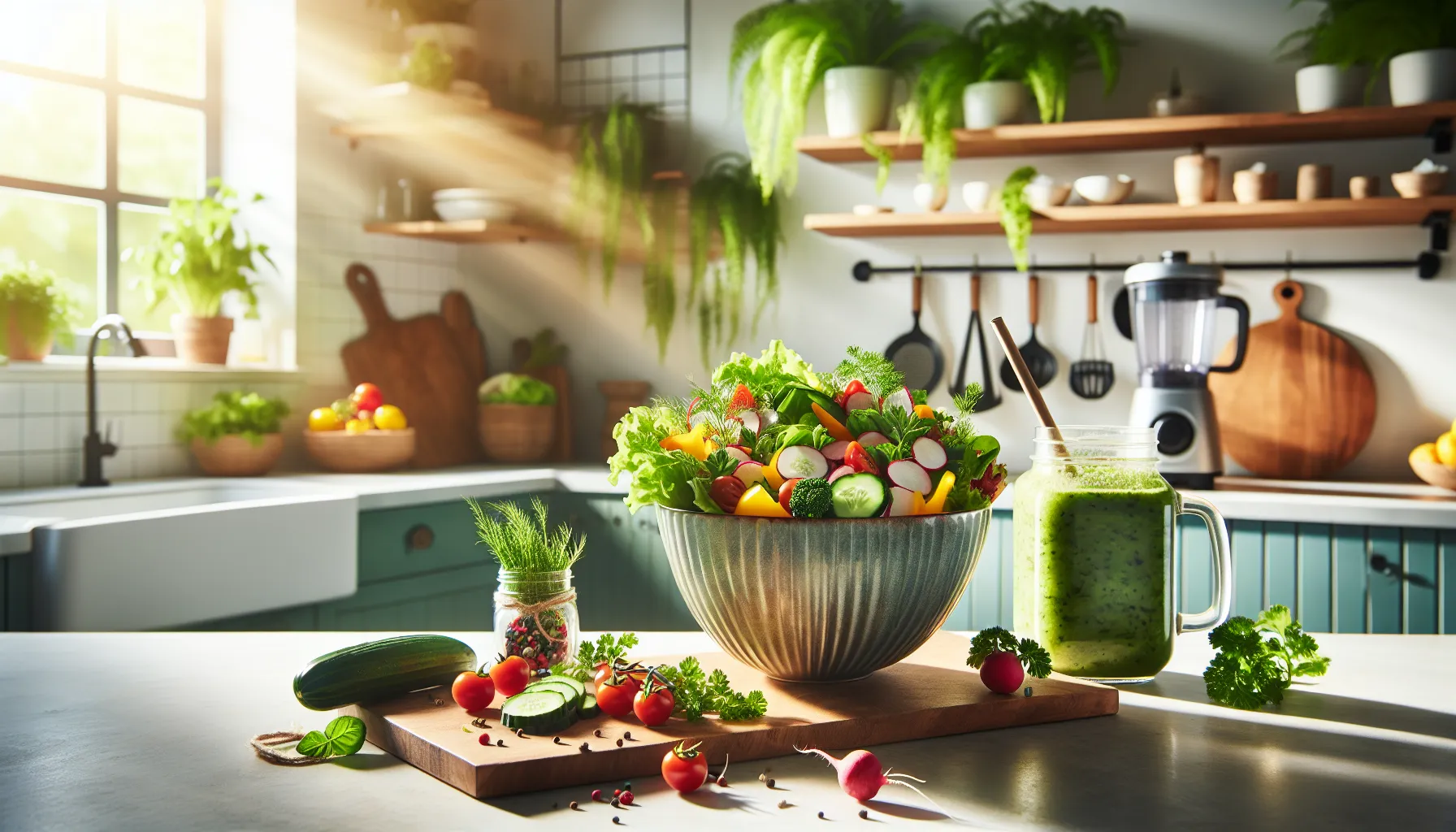 fresh salad with kwachotri and a smoothie in a modern kitchen.