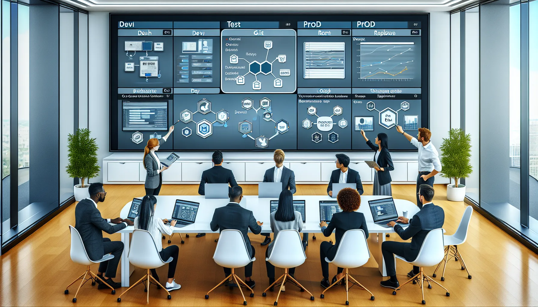 Diverse analytics team co-developing a shared Power BI dashboard with version control.