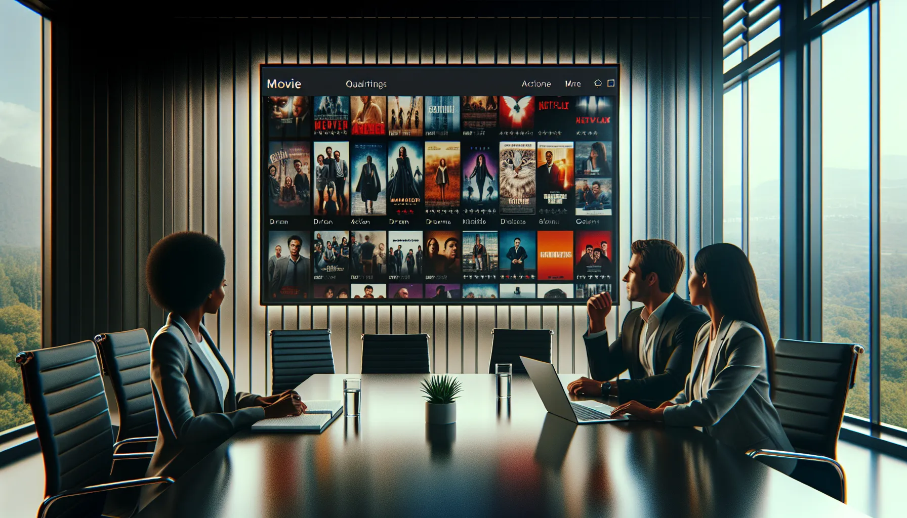 professionals discussing films at a sleek, modern office setting.